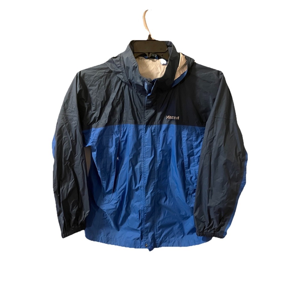 Marmot Rain Jacket Hood Youth XL Full Zip Color Block Blue Waterproof F50900